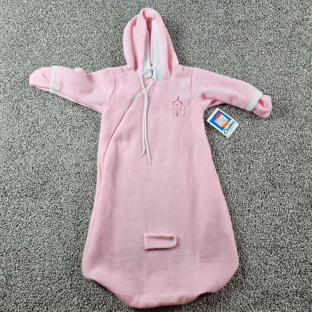 Vintage Carter Baby One Piece Pink Hood Fleece USA Made Soft Embroidery 70s 80s